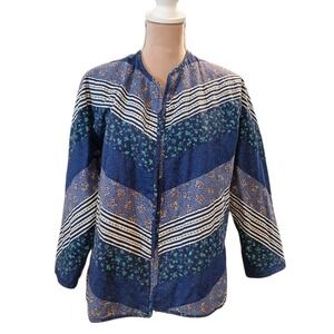 Floral Patchwork Quilted Jacket Blue Green Chevron Print Lined L/XL Womans